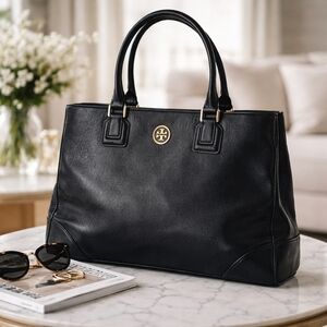 Authentic Tory Burch Large Black Leather Tote Bag Gold Logo
